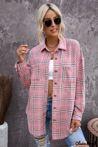 Plaid Pattern Buttoned Shirt Coat with Slits