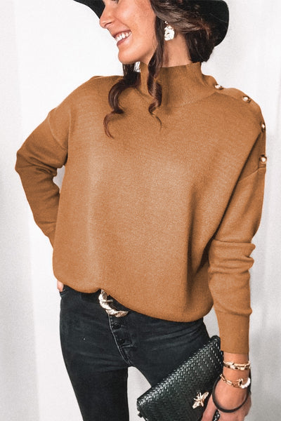 High Neck Button Shoulder Long Sleeve Sweater
