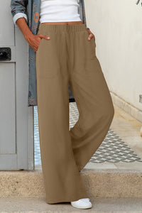 Khaki Elastic Waist Pocketed Wide Leg Pants - Zagari Essentials/Clementina's Boutique LLC