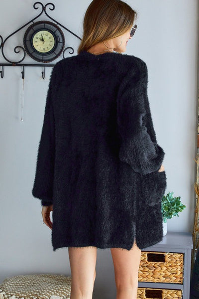 Fuzzy Solid Open Front Cardigan with Pockets
