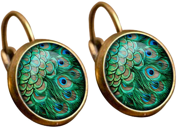 Bohemian Vintage Peacock Feathers Pattern Bronze Time Gem Cabochon Dangle Earrings - Zagari Essentials/Clementina's Boutique LLC