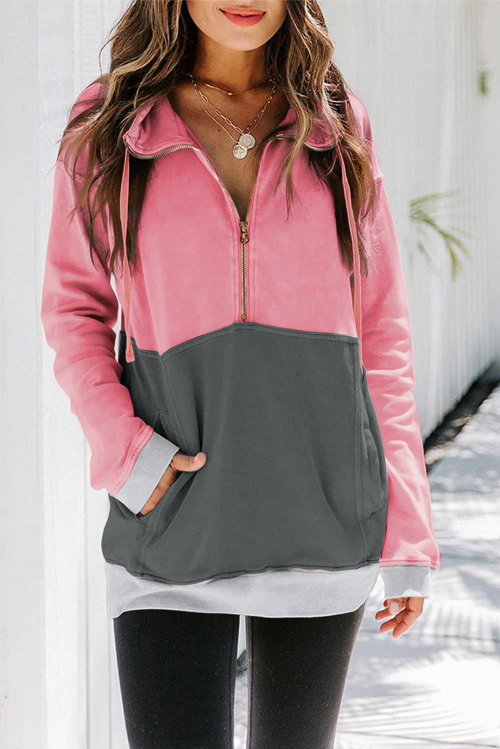 Zipped Colorblock Sweatshirt with Pockets - Zagari Essentials/Clementina's Boutique LLC