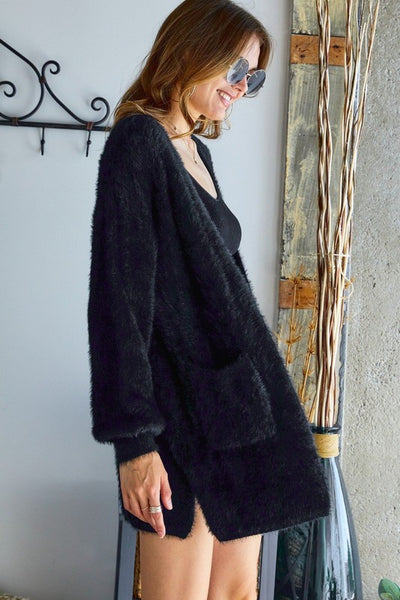 Fuzzy Solid Open Front Cardigan with Pockets