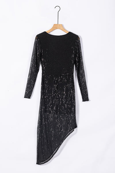 Black V Neck Long Sleeve Asymmetric Sequin Dress Clearance final Sale