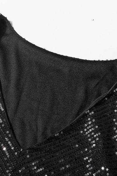 Black V Neck Long Sleeve Asymmetric Sequin Dress Clearance final Sale