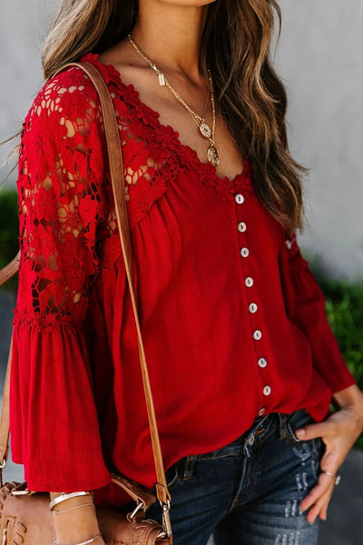Red Crochet Lace Button Top