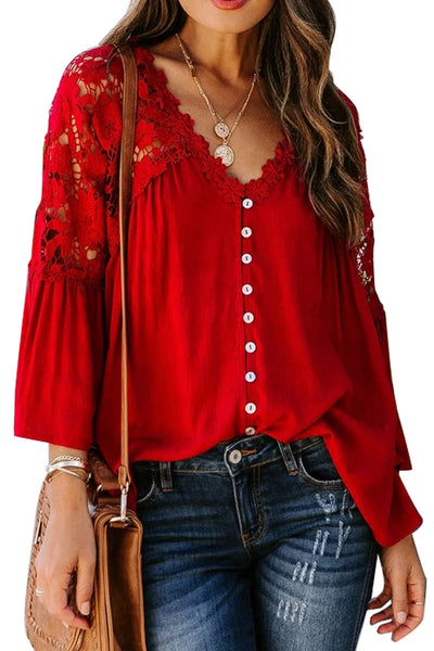 Red Crochet Lace Button Top
