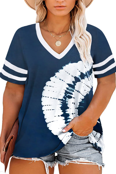 Blue Palm Tree Leaves Print Striped Short Sleeve V Neck T-shirt