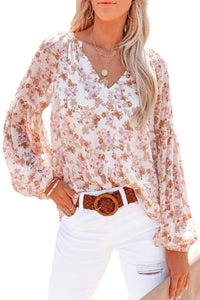 White Floral Print V Neck Long Puff Sleeve Top