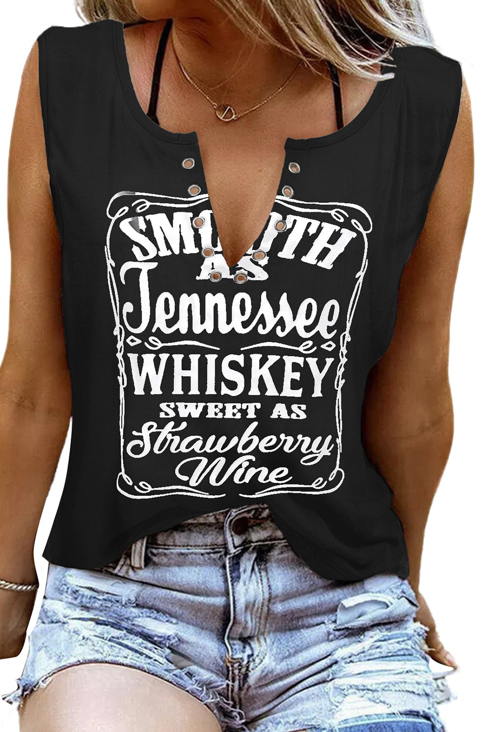 Black Whiskey Sweet As Strawberry Wine Letters Print Casual Tank