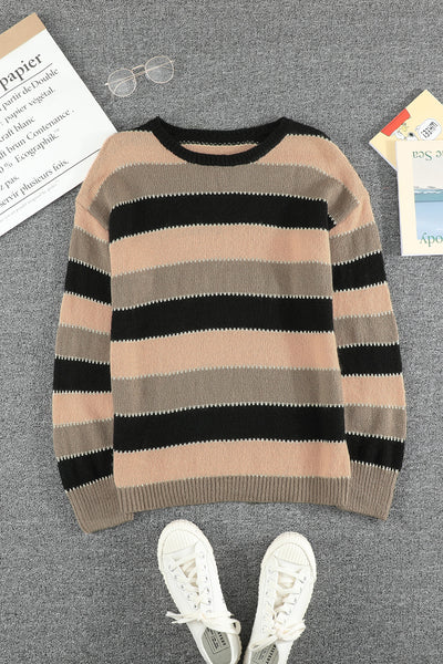 Pink Drop-Shoulder Sleeve Striped Patchwork Pullover Sweater