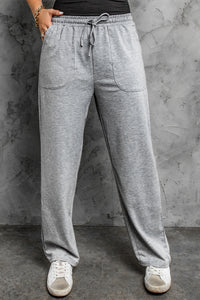 Gray Khaki Loose Drawstring Waist Knit Pants with Pockets