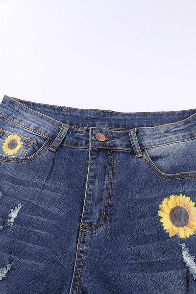 Leopard Patchwork Sunflower Print Distressed High Waist Jeans