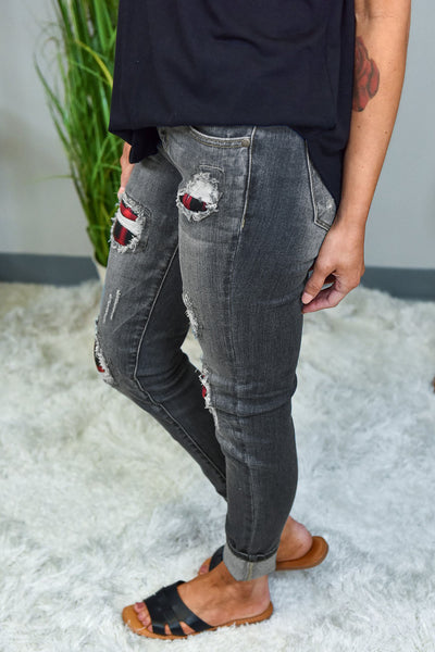 Plaid Patch Destroyed Skinny Gray Jeans