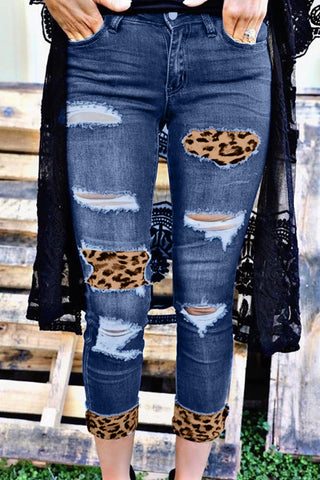Distressed Leopard Patches Blue Skinny Jeans - Zagari Essentials/Clementina's Boutique LLC