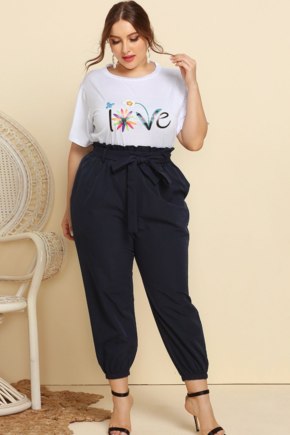 Graphic Tee and Belted Paperbag Joggers Set